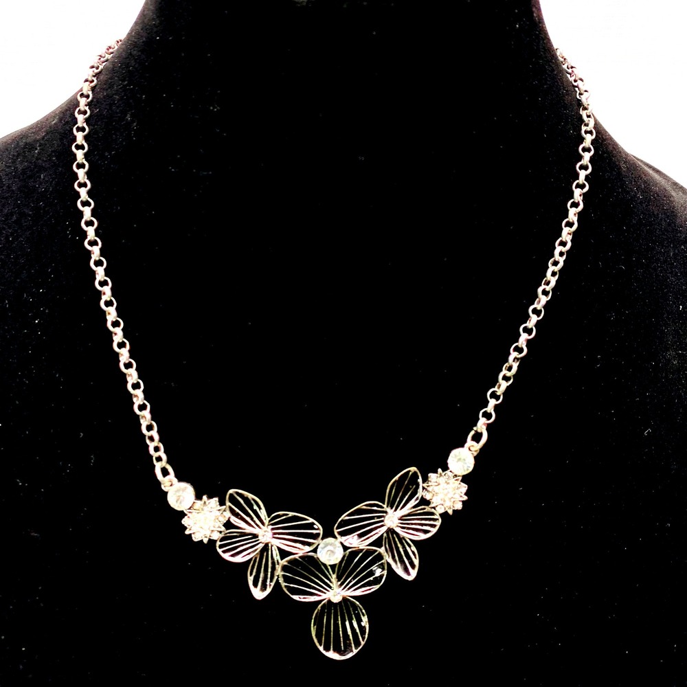 Silver Tone Floral Choker Necklace Rhinestone Accent Statement Jewelry